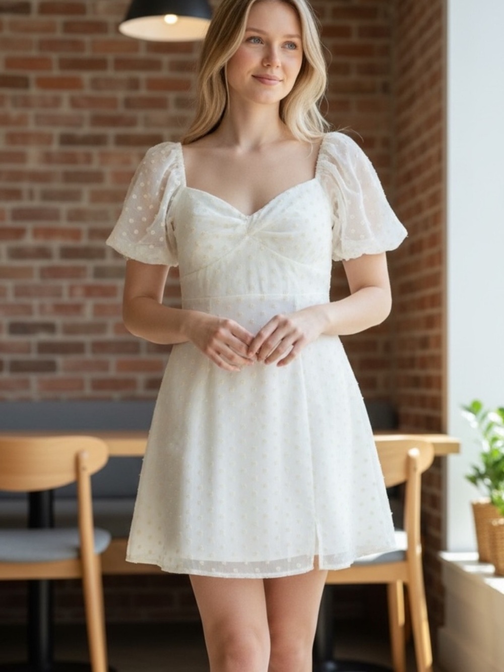 Saints + Secrets Ivory Women’s Puff-SleeveMini Dress with Floral Dot Detail